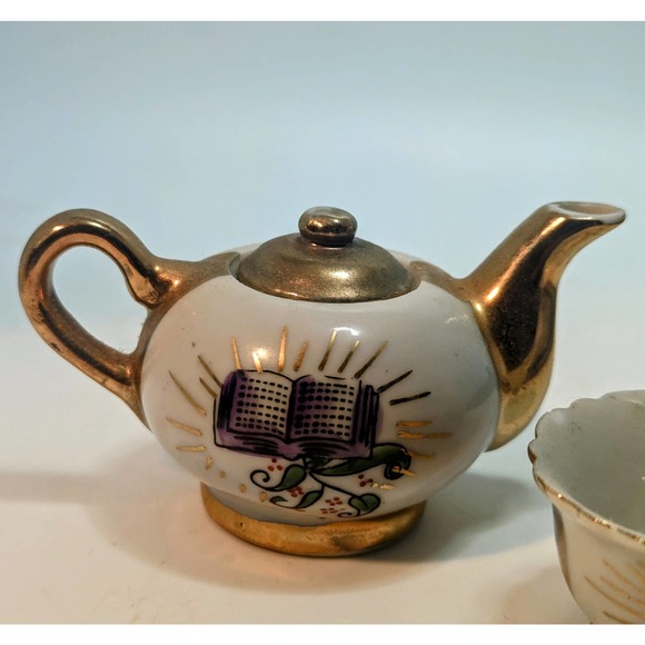 Miniature Teapot And Teacup Vintage Bible Print Religious Gold Plate Doll Teapot - Picture 3 of 7